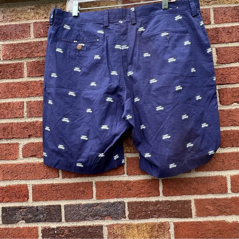 J. Crew Gramercy Men's Navy Surf Car Print Chino Shorts Slit Pockets Size 35